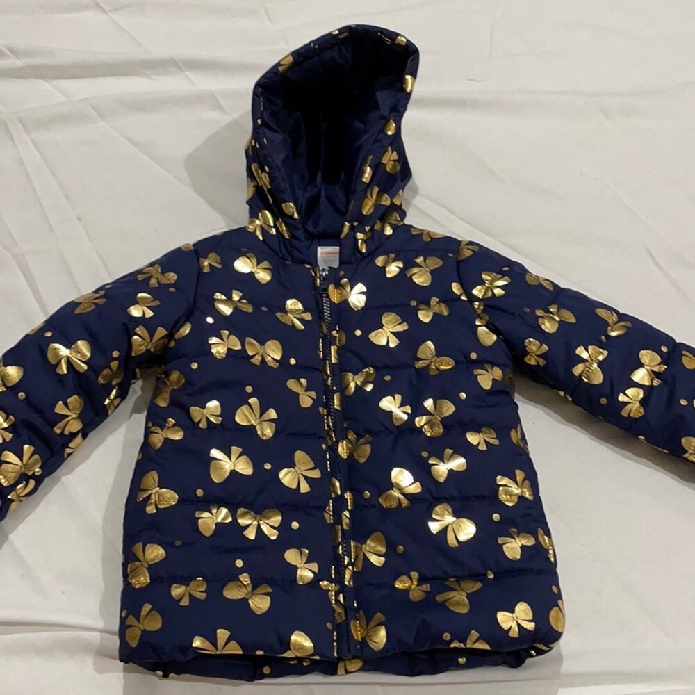 Gymboree S 5/6 navy blue gold bow hooded puffer jacket w/pockets etc